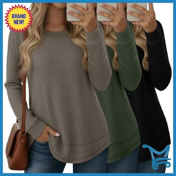 3 Pack Waffle Knit Sweatshirts Crew Neck Long Sleeve Loose Fit Pullover - Picture 2 of 7